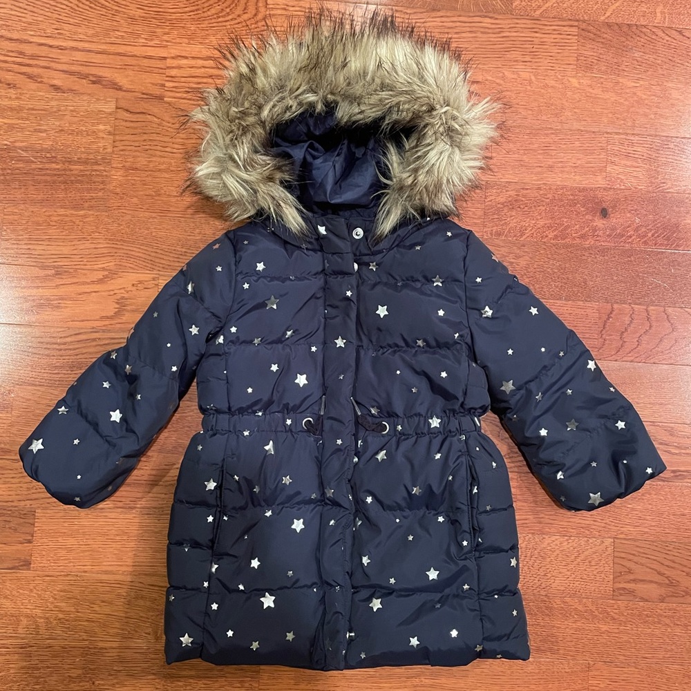 Navy puffer with silver metallic stars